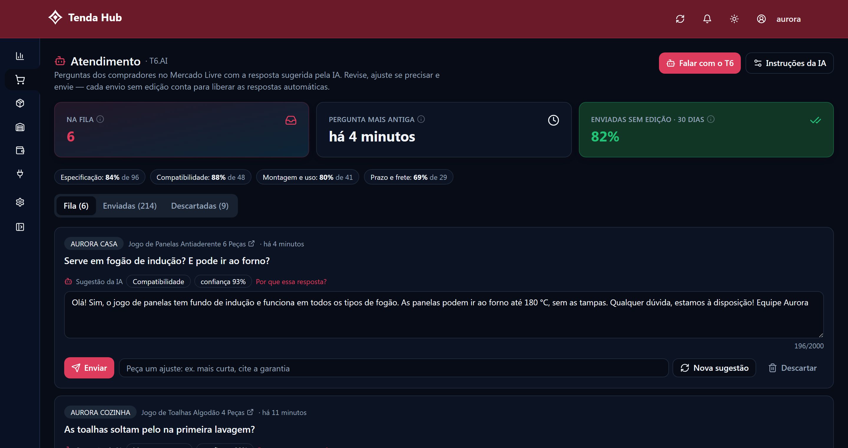 Fila de perguntas de compradores com a resposta sugerida pela IA e os botões enviar, ajustar e nova sugestão